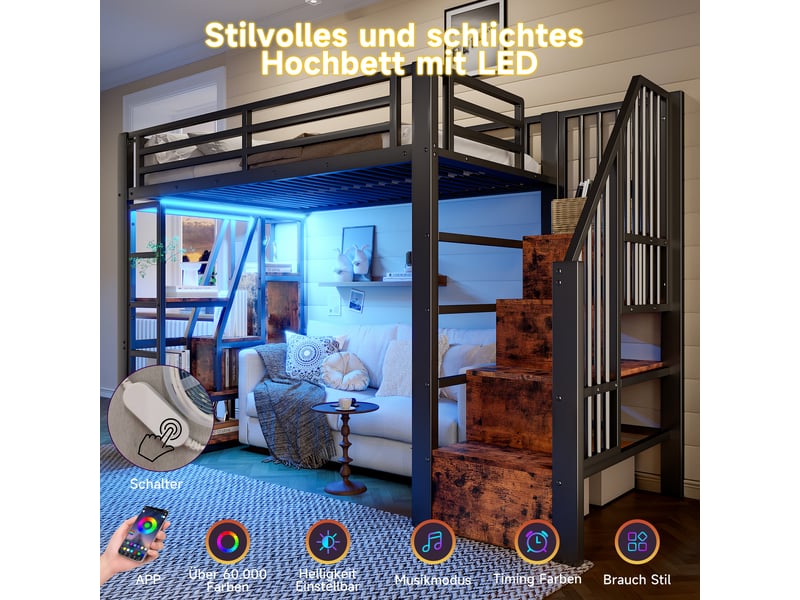  Lit mezzanine enfant 90 x 200 cm, cadre de lit en métal et mdf, rangement et éclairage led, noir  - Conforama B