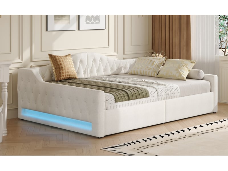  Lit banquette coffre 140 × 200 cm, dossier rembourré, rangement sous sommier relevable, éclairage led, lin beige  - Conforama B
