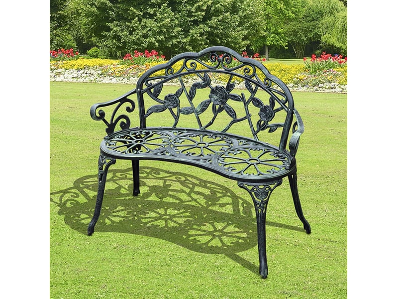 Banc de jardin 2 places 100x54x78 cm – vert antique – dossier fleuri en métal, avec accoudoirs, style vintage - Conforama B