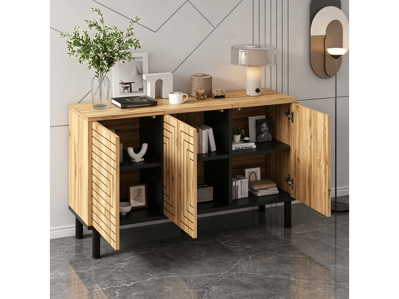  Buffet bois naturel meuble de rangement 3 portes 120x35x68 cm  - Conforama E