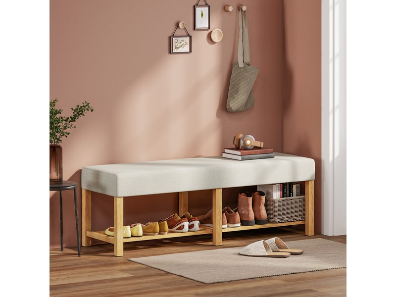  Banc à chaussures avec assise rembourrée pour 2 personnes, étagère ouverte, structure en bois, 140 x 44 x 48 cm, crème et bois naturel  - Conforama C