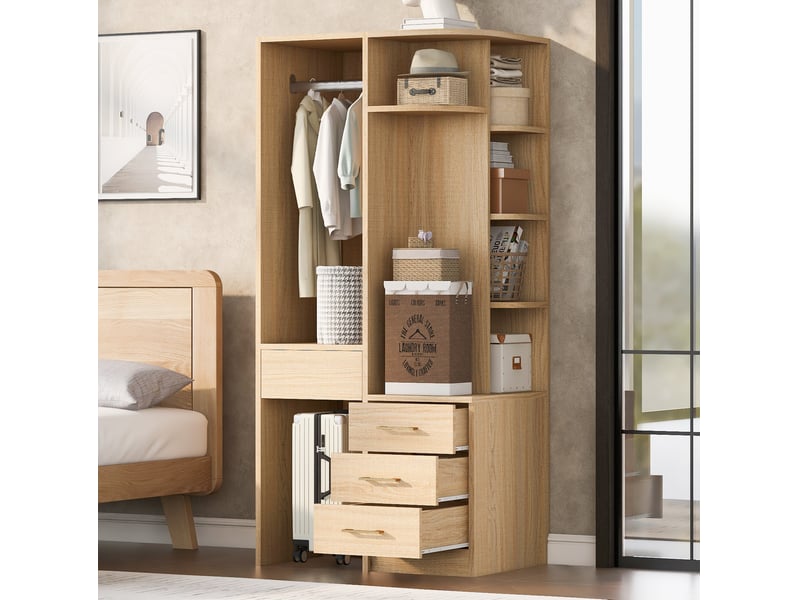  Armoire avec penderie ouverte, étagères et 3 tiroirs, 70x55x175 cm, blanc et coloris bois  - Conforama D