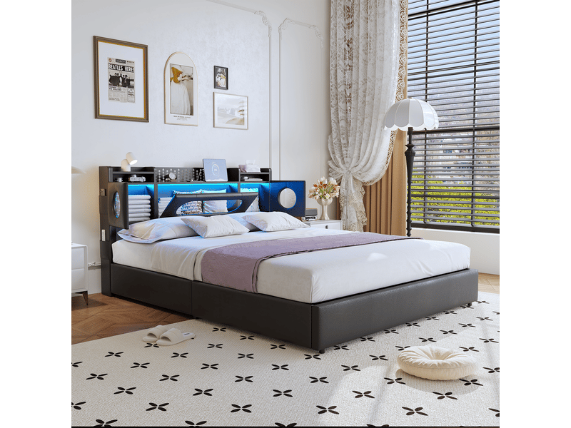  Lit coffre hydraulique 140 x 200 cm-noir - lit double rembourré en pu avec tête de lit de rangement, led rvb et ports usb  - Conforama C