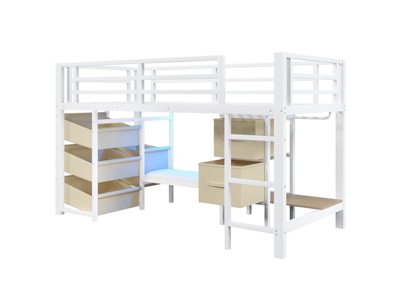  Lit surélevé avec coussin, rangements tissu et led multicolore, métal blanc, 90x200 cm, sans matelas  - Conforama E