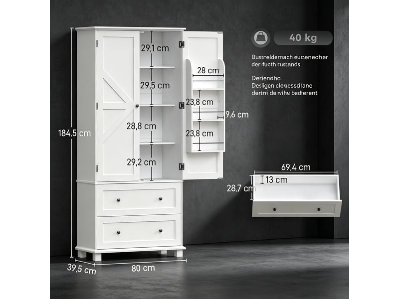 Buffet de cuisine avec 2 portes, 2 tiroirs et étagères réglables en mdf et panneaux de particules 80×39,5×184,5 cm blanc - Conforama D