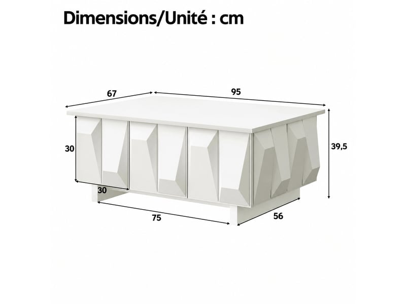  Table basse blanche avec rangement, façades géométriques en relief, 95 x 67 x 39,5 cm  - Conforama C