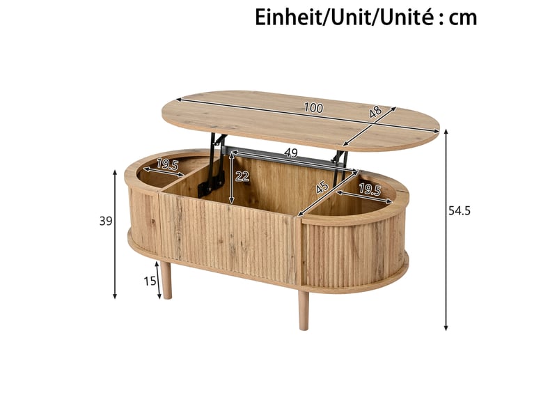  Table basse ovale relevable avec rangement – mdf effet chêne – 100 x 48 x 54,5 cm  - Conforama D
