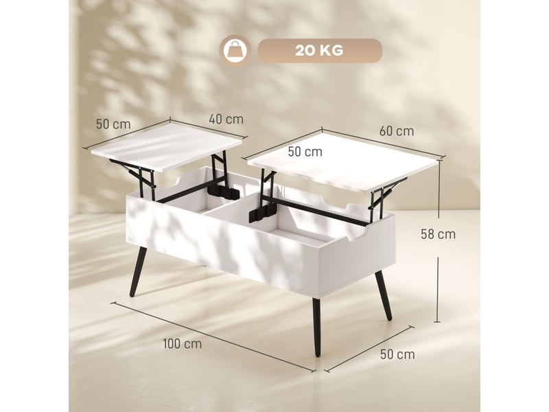  Table basse relevable blanche 100 x 50 x 58 cm avec double plateau et rangements  - Conforama C