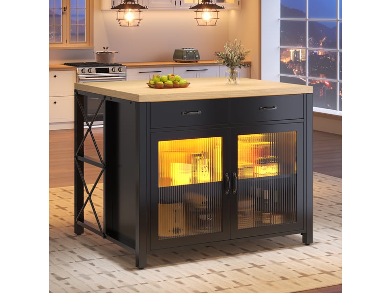  Îlot de cuisine noir avec éclairage led, table de bar avec rangement et porte en verre, plateau texture bois, 100x80x90cm  - Conforama D