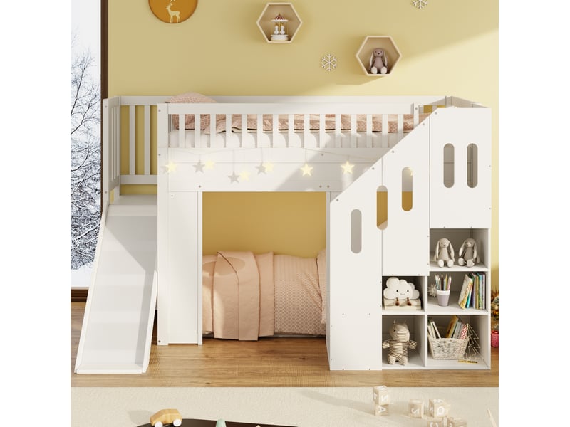  Lit mezzanine enfant, 90x200 cm, avec toboggan, escalier aménagé, led, matelas non inclus, pin et mdf, coloris blanc  - Conforama E