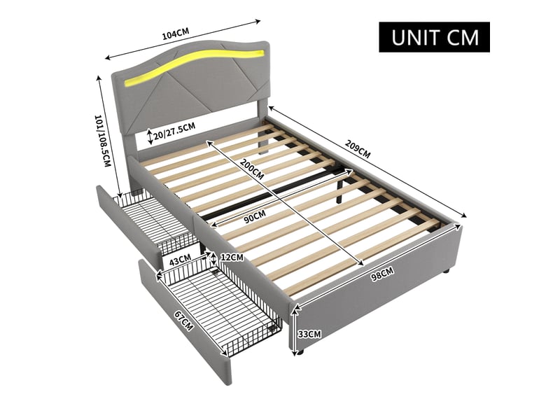  Lit capitonné 90x200cm, gris, sans matelas, led, deux tiroirs, tête réglable, lin et mdf, style minimaliste  - Conforama B