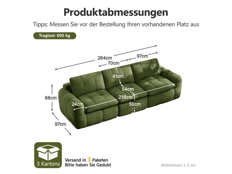  Canapé droit, canapé modulaire 3 places sans cadre,  housse chenille ergonomique, base antidérapante, coussins épaissis, sans montage, vert  - Conforama C