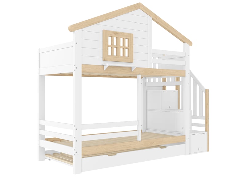 Lit superposé blanc et naturel 90 × 200 cm, lit gigogne et échelle avec rangement - Conforama D