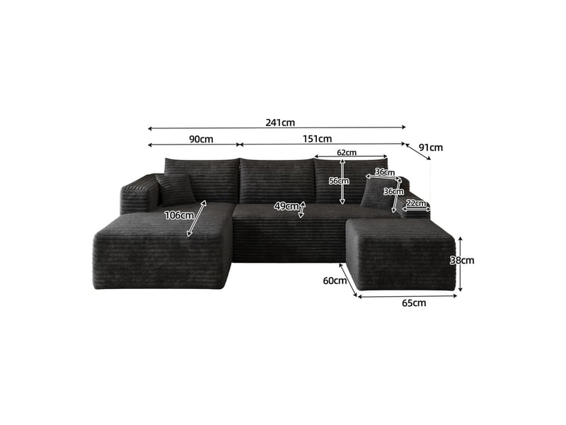  Canapé d'angle  modulaire ,4 places, avec méridienne en l, assise profonde ,241 × 151 ×58cm, noir  - Conforama C
