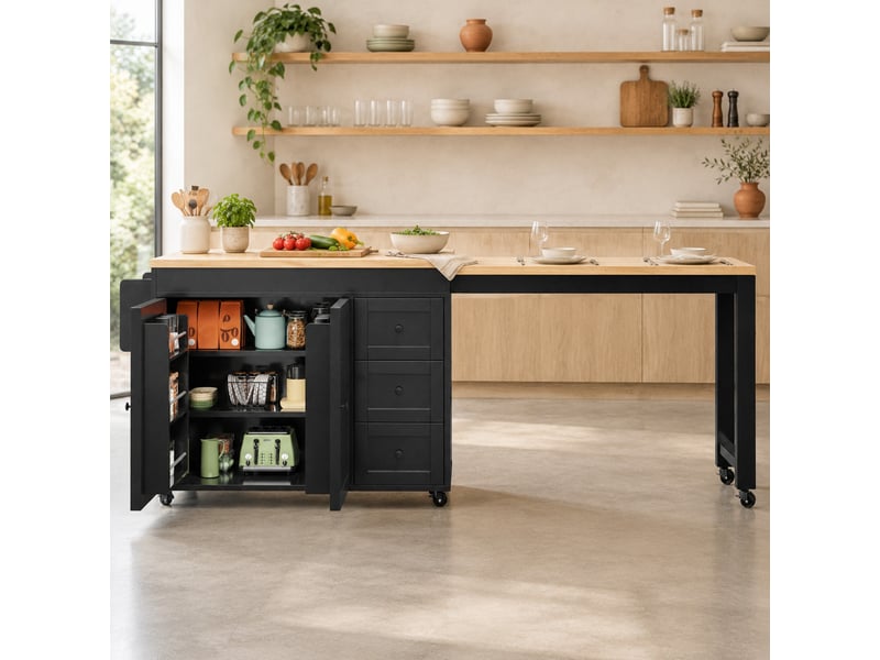  Îlot de cuisine extensible avec rangement et roulettes - lpospi - 3 tiroirs mdf métal noir 116–179,5 × 45 × 89 cm  - Conforama B