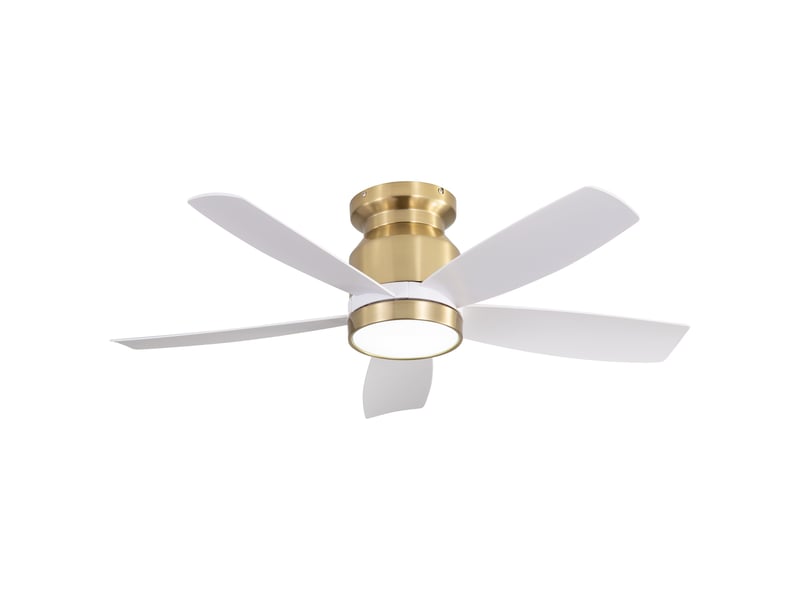 Ventilateur de plafond avec éclairage led 106 cm, plafonnier silencieux avec télécommande pour chambre salon, plat 5 pales abs 6 vitesses, blanc et or - Conforama A