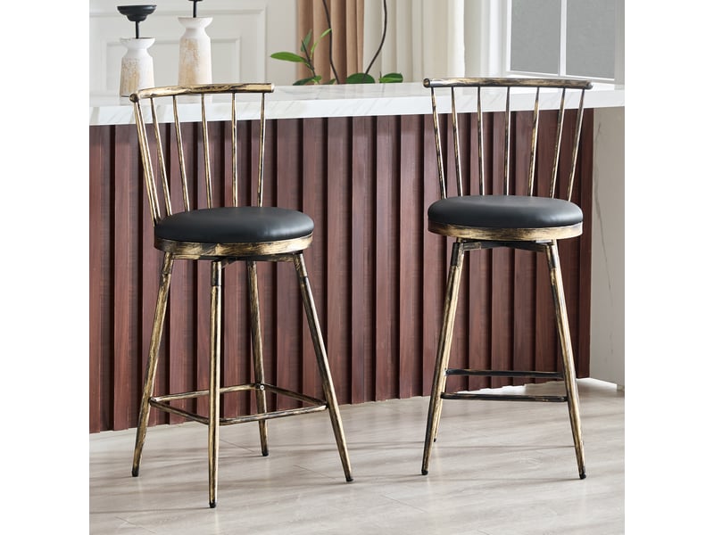  Tabouret de bar avec dossier style windsor, assise rembourrée et structure métallique, en pu noir et marron  - Conforama B