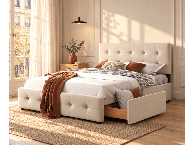  Lit double 140x200 cm, 4 tiroirs à roulettes sous le lit, tête de lit rembourrée et sommier à lattes, sans matelas, velours, beige  - Conforama B