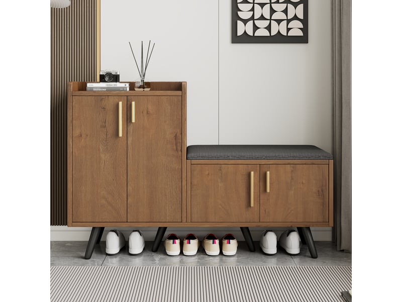  Meuble à chaussures pour l'entrée 8 paires avec banc à langer,4 portes et poignées asymétriques en métal,naturel meuble à chaussures naturel - Conforama B