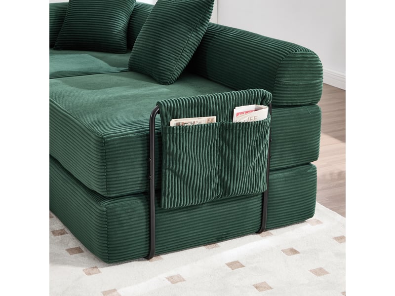 Canapé modulaire en velours côtelé vert émeraude 270x180x64 cm avec rangement latéral intégré - Conforama E