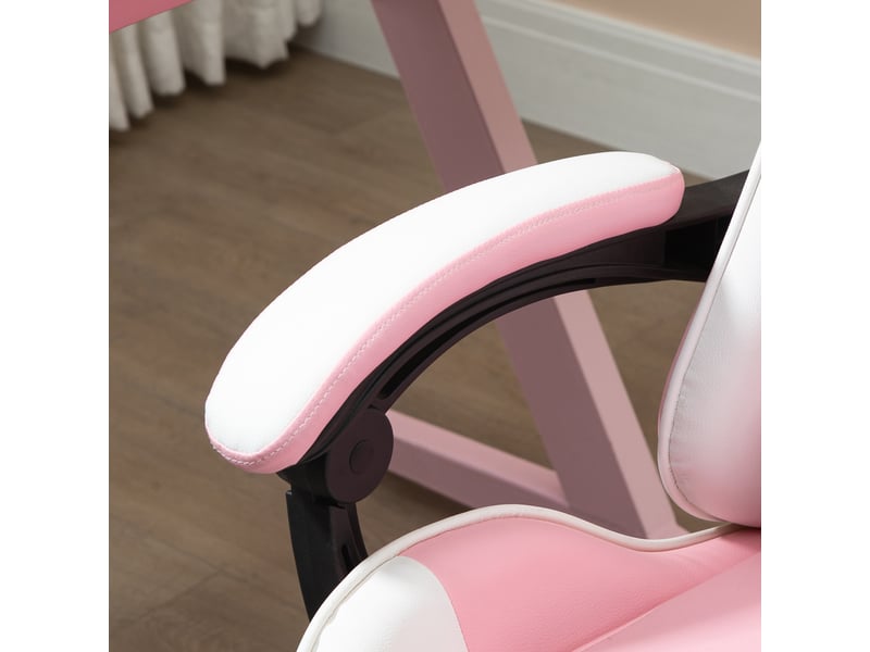 Chaise gaming ergonomique rose et blanche, réglable en hauteur, pivotante à 360°, avec appui-tête et coussin lombaire - Conforama W