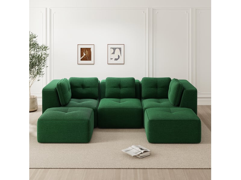  Canapé d'angle modulaire 3 places avec ottomane en velours côtelé vert  - Conforama C