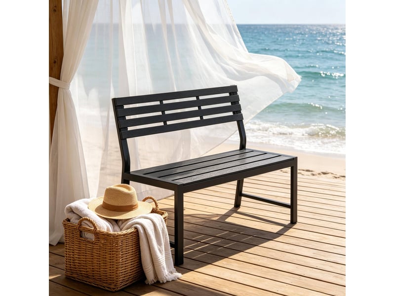  Banc de jardin 115x55x85 cm avec dossier, structure stable pour extérieur, métal et lames ps noires  - Conforama D