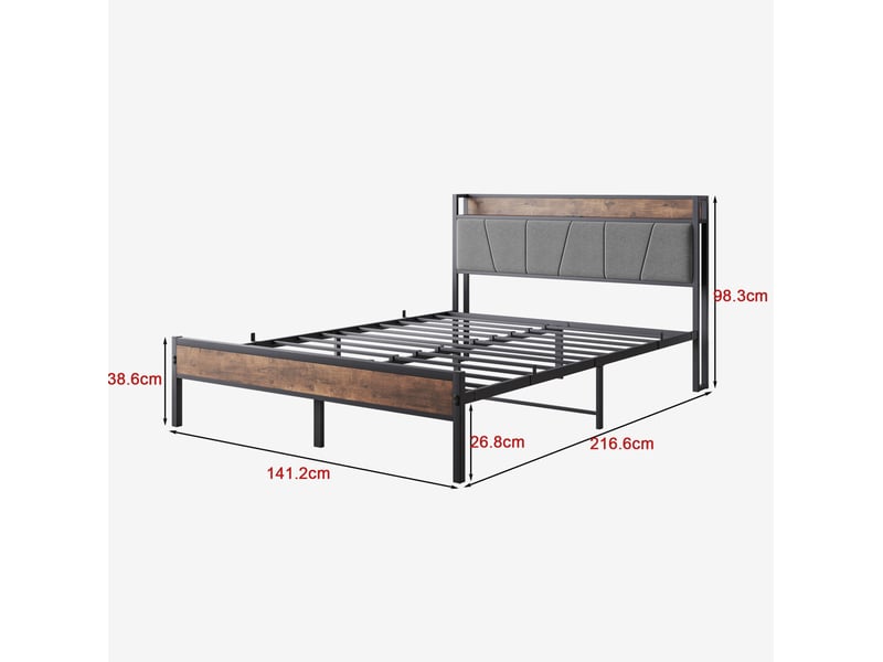  Lit 140x200 cm, marron antique, métal et mdf, led doté de rangement et usb, sans matelas  - Conforama C