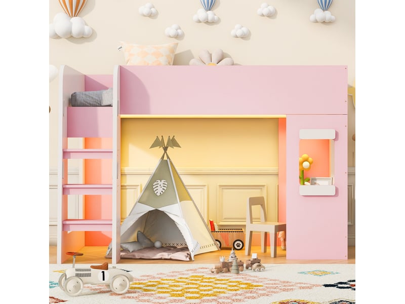  Lit mezzanine 90x200 cm rose et blanc avec bureau et éclairage led  - Conforama E