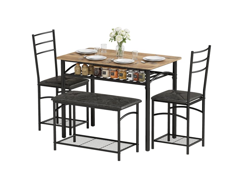  Ensemble salle à manger 4 pièces, table style industriel, 2 chaises, banquette 4 pers., similicuir marron.  - Conforama B