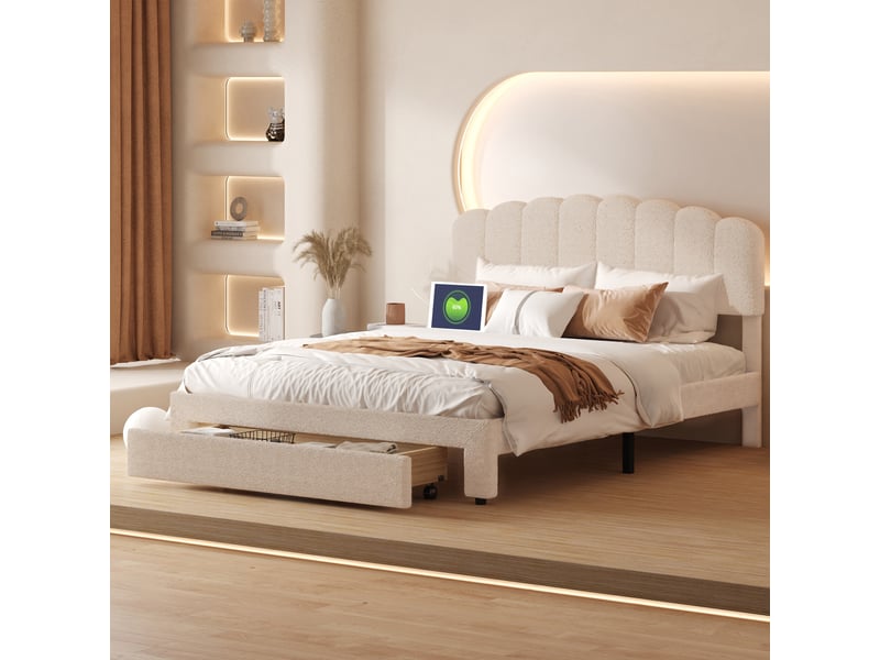  Lit rembourré 160 x 200 cm, tête de lit réglable avec port usb et tiroirs de rangement, beige,velours teddy，sans matelas  - Conforama E