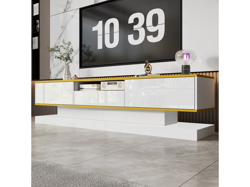  Meuble tv avec 3 tiroirs, niche ouverte et led pour salon 180×38×45 cm en panneaux de particules blanc et or  - Conforama C