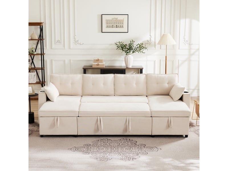  Canapé panoramique convertible en u 4 places 270 cm, rangements latéraux, 2 porte-gobelets et 2 coussins - beige  - Conforama B
