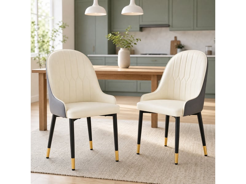  Lot de 2 chaises salle à manger dossier éclair  - pieds antidérapants simili cuir gris foncé, blanc et noir  - Conforama C