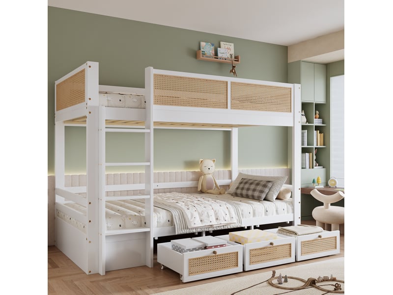 Lit superposé enfant 90 x 200 cm avec 3 tiroirs à roulettes, blanc et naturel - Conforama E