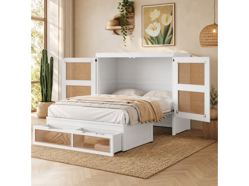 Lit escamotable 140x200 cm, rangements et 2 tiroirs, bois coloris blanc, sans matelas - Conforama B