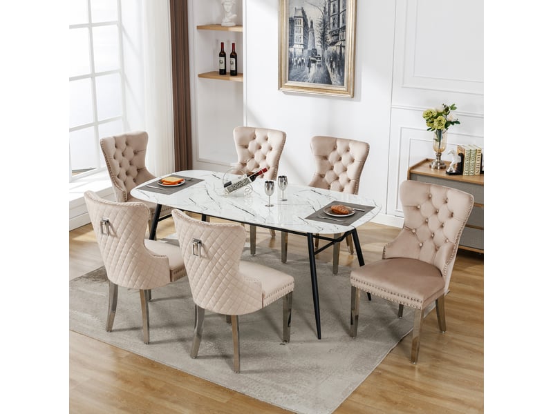  Chaises élégance lot de 6, velours beige, pieds métal, clous décoratifs, dossier unique moderne  - Conforama E