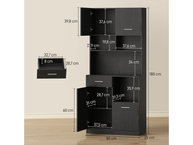  Buffet haut de cuisine 4 portes 1 tiroir avec étagères noir 80 x 35 x 180 cm  - Conforama C