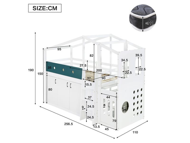 Lit mezzanine 90 × 200 cm avec armoire de rangement, espace de jeu et échelle pour chambre 256,5 × 110 × 190 cm - Conforama C