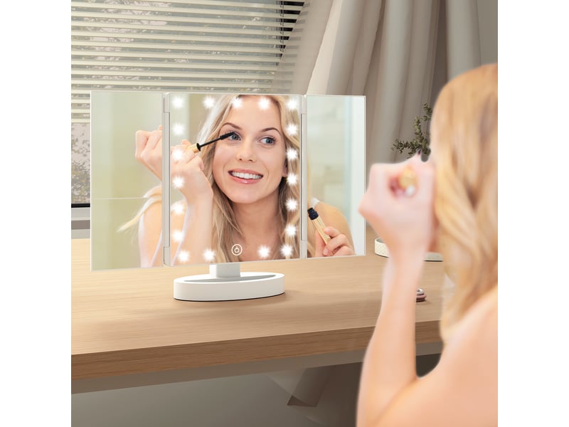  Miroir de maquillage avec éclairage, grossissement 1x2x3x, rotation libre à 180°, 21 led, interrupteur tactile, blanc  - Conforama D