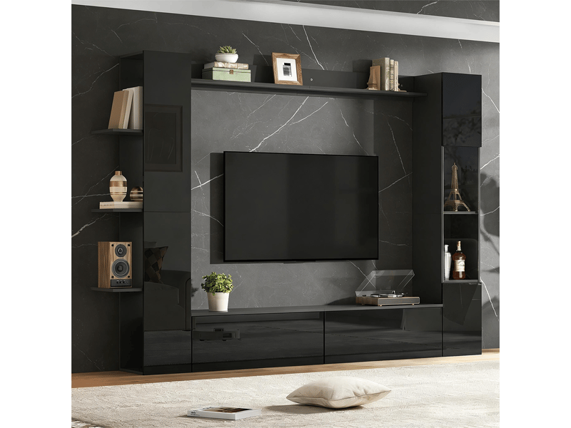  Ensemble meuble salon complet meuble tv mural noir 245 cm avec vitrine et rangements  - Conforama R