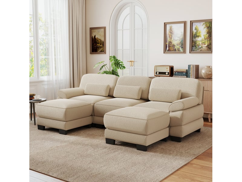  Canapé modulable en u 3 places 265x161x94 cm, coussin lombaire épais, assise profonde, avec 2 poufs, en velours côtelé, beige  - Conforama B