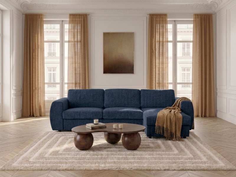 Bobochic canapé d'angle réversible convertible coffre hugo ouverture express tissu texturé bleu foncé 140x190 réversible HUGO - Conforama C