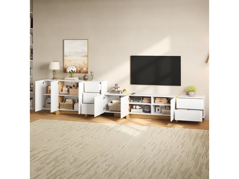  Ensemble meuble tv et sideboard blanc et riné avec éléments dorés – design moderne et rangement  - Conforama D