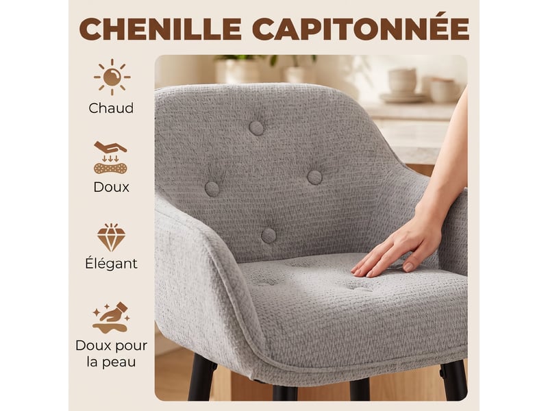  Lot de 2 tabourets de bar, chaises de bar rembourrées en chenille, assise large 67h cm, dossier et repose-pieds, gris  - Conforama R