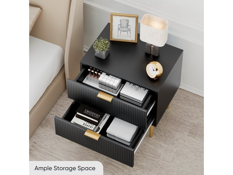  Table de chevet noire motif ondulé, 2 tiroirs, design moderne, pieds en métal, 1 pièce  - Conforama D