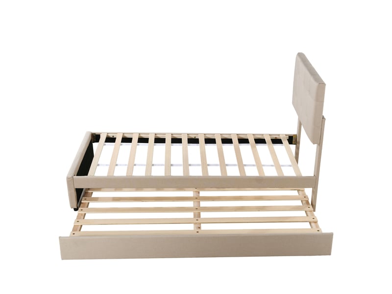  Lit gigogne 90x200 cm 2 en 1 avec tête boutonnée, lin, beige, sans matelas  - Conforama E