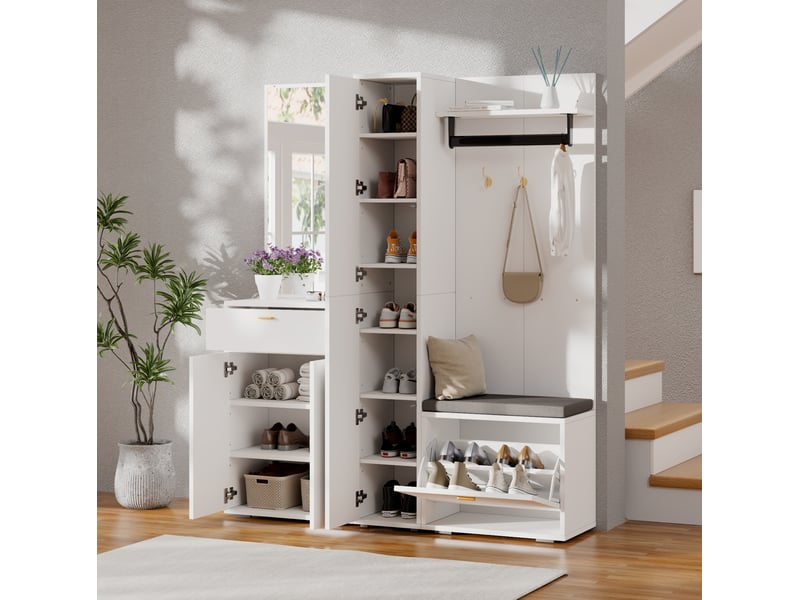 Vestiaire d’entrée avec miroir, penderie et banc, 150.00x36.00x180.00 cm, blanc - Conforama C