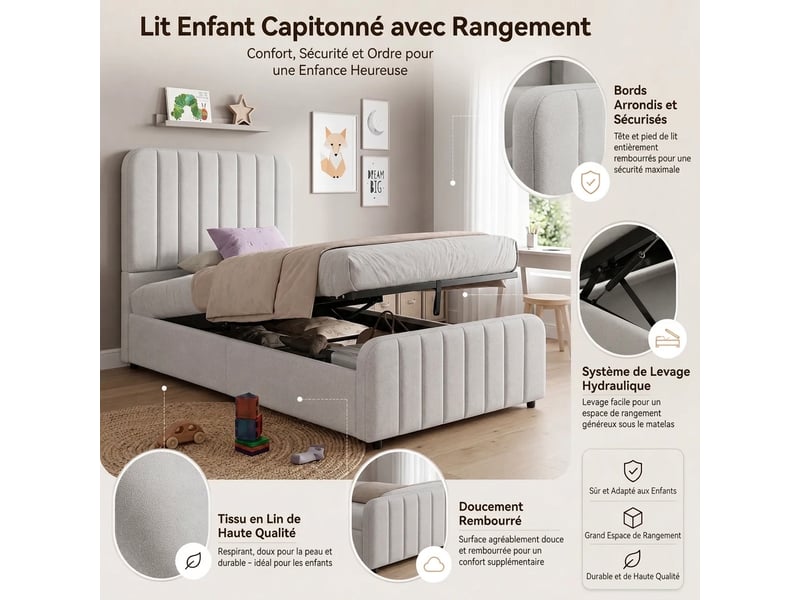  Lit capitonné 90x200 enfant avec coffre hydraulique - lit simple gris lin sommier inclus  - Conforama D