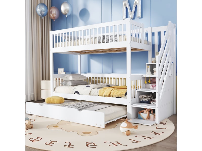  Lit étagé 90x200190cm blanc, structure pin et mdf, lit coulissant, escalier et garde-corps  - Conforama E